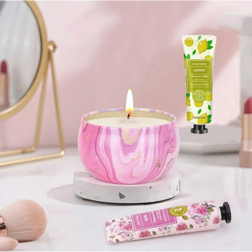 OMYAYA Scented Candles and Hand Cream Gift‎ Set Women 8pc Multicolor Soy Spa Kit